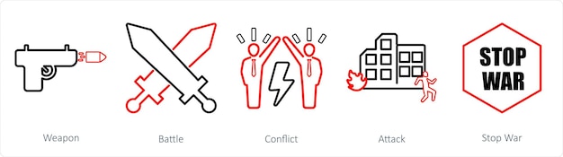 Un conjunto de 5 íconos de mezcla como armas de conflicto de batalla