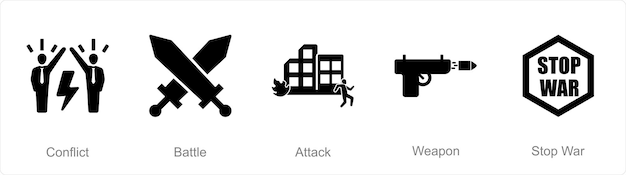 Un conjunto de 5 íconos de mezcla como ataque de batalla de conflicto