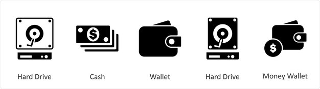 Un conjunto de 5 íconos de mezcla como billetera de dinero en disco duro