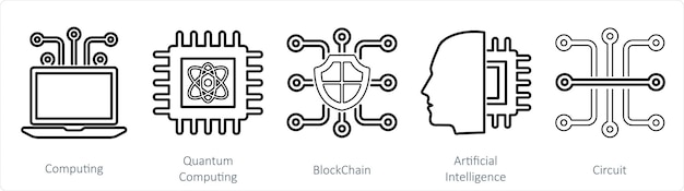 Un conjunto de 5 íconos de mezcla como cadena de bloques de computación cuántica