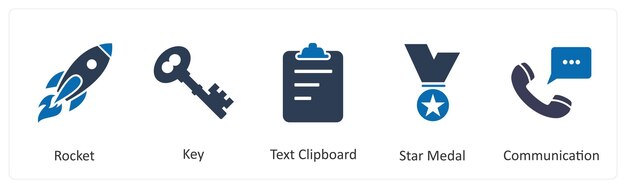 Un conjunto de 5 íconos de mezcla como clipboard de texto clave de cohete