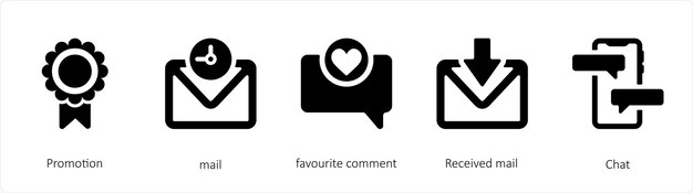 Un conjunto de 5 iconos de mezcla como el comentario favorito del correo de promoción