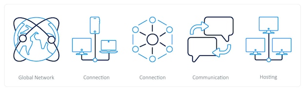 Un conjunto de 5 íconos de mezcla como comunicación de conexión de red global