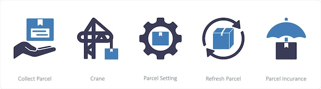 Un conjunto de 5 íconos de mezcla como la configuración de paquete de la grúa de paquetes de recolección