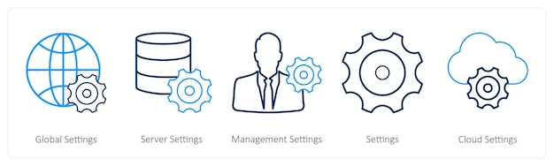 Un conjunto de 5 íconos de mezcla como configuraciones globales configuraciones de administración de configuraciones de servidor