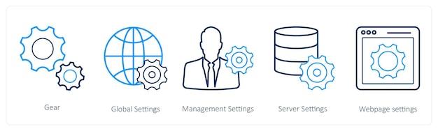 Un conjunto de 5 iconos de mezcla como configuraciones globales de gestión de configuraciones de engranajes