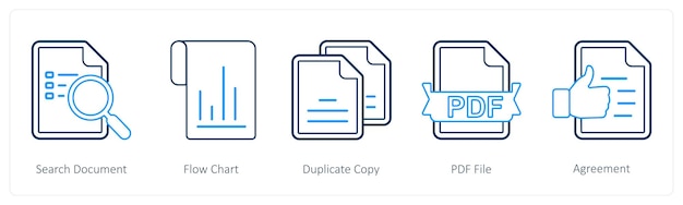 Un conjunto de 5 íconos de mezcla como copia duplicada del diagrama de flujo del documento de búsqueda