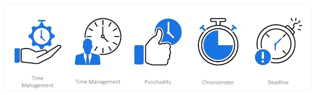 Un conjunto de 5 iconos de mezcla como cronómetro de puntualidad de gestión del tiempo