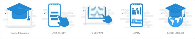 Un conjunto de 5 íconos de mezcla como educación en línea estudio en línea aprendizaje electrónico