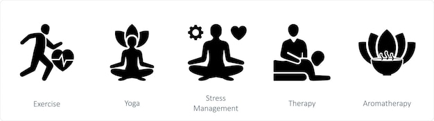 Un conjunto de 5 íconos de mezcla como ejercicio de manejo del estrés del yoga