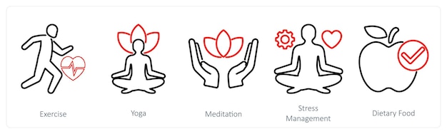 Un conjunto de 5 íconos de mezcla como ejercicio de meditación de yoga