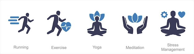 Un conjunto de 5 íconos de mezcla como ejercicio de yoga de carrera