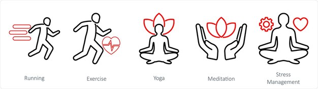 Un conjunto de 5 íconos de mezcla como ejercicio de yoga de carrera