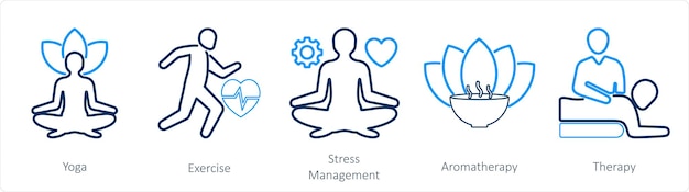 Un conjunto de 5 íconos de mezcla como ejercicio de yoga para el manejo del estrés