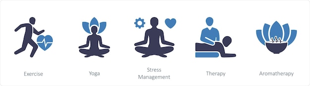 Un conjunto de 5 íconos de mezcla como ejercicio de yoga para el manejo del estrés