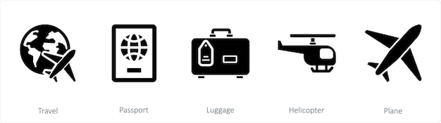 Un conjunto de 5 íconos de mezcla como equipaje de pasaporte de viaje