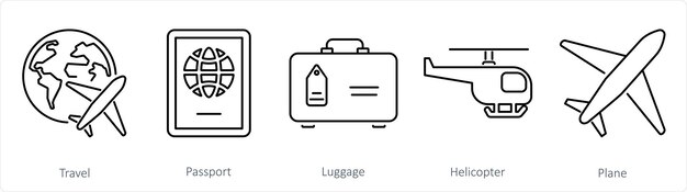 Un conjunto de 5 íconos de mezcla como equipaje de pasaporte de viaje