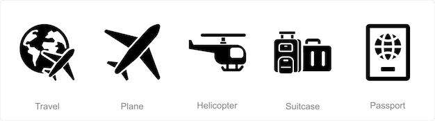 Un conjunto de 5 íconos de mezcla como helicóptero de avión de viaje
