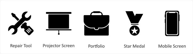 Un conjunto de 5 íconos de mezcla como herramienta de reparación de la cartera de pantalla del proyector