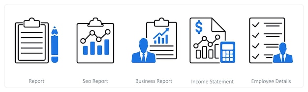 Un conjunto de 5 íconos de mezcla como informe informe SEO informe de negocios