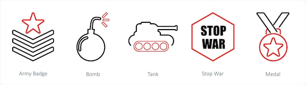 Un conjunto de 5 íconos de mezcla como insignia del ejército tanque bomba