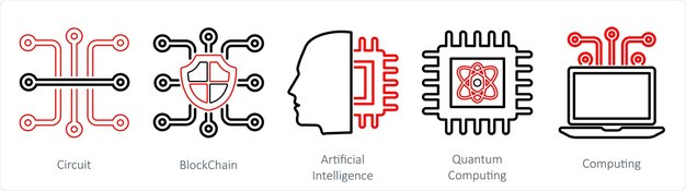 Vector un conjunto de 5 íconos de mezcla como inteligencia artificial de cadena de circuitos