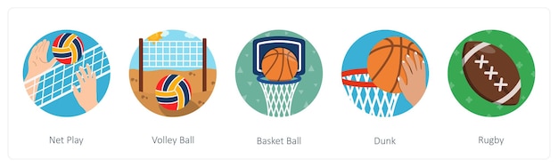 Un conjunto de 5 íconos de mezcla como juego de red bola de voleibol bola de canasta
