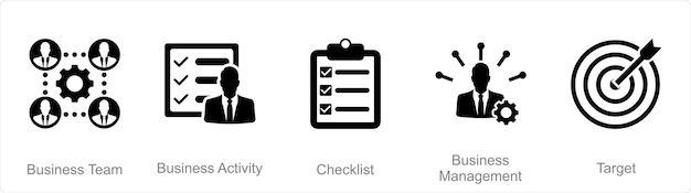 Un conjunto de 5 íconos de mezcla como lista de verificación de actividades comerciales del equipo de negocios