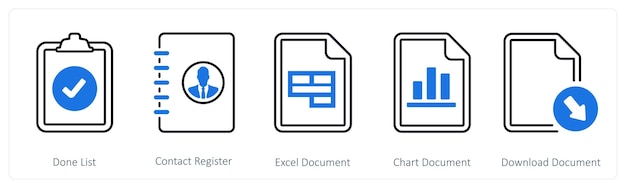 Un conjunto de 5 íconos de mezcla como listado lista de contactos registro documento de excel