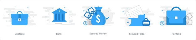 Un conjunto de 5 íconos de mezcla como maletín banco asegurado dinero