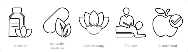 Vector un conjunto de 5 íconos de mezcla como medicina medicina ayurvédica aromaterapia