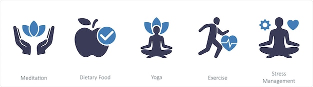 Un conjunto de 5 íconos de mezcla como meditación dieta comida yoga