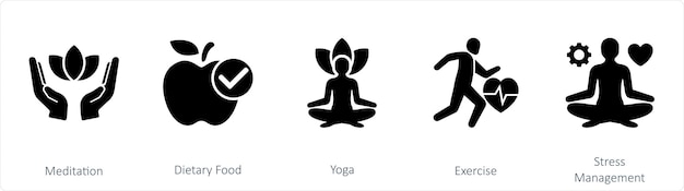 Un conjunto de 5 íconos de mezcla como meditación dieta comida yoga