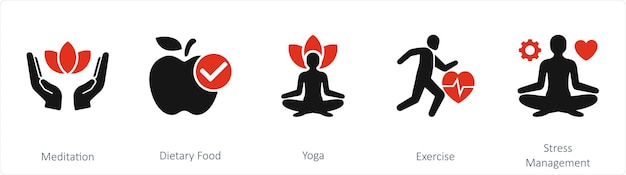 Un conjunto de 5 íconos de mezcla como meditación dieta comida yoga