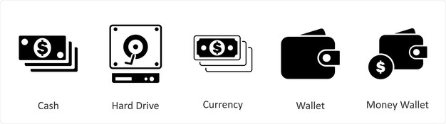 Un conjunto de 5 íconos de mezcla como moneda de disco duro en efectivo