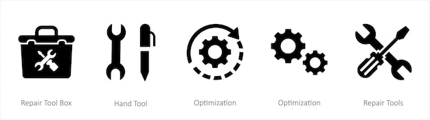 Un conjunto de 5 íconos de mezcla como la optimización de la caja de herramientas de mano de reparación de herramientas