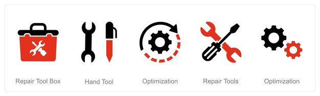 Un conjunto de 5 íconos de mezcla como optimización de herramientas manuales de caja de herramientas de reparación