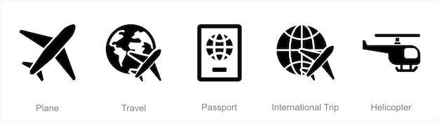 Un conjunto de 5 íconos de mezcla como pasaporte de viaje en avión