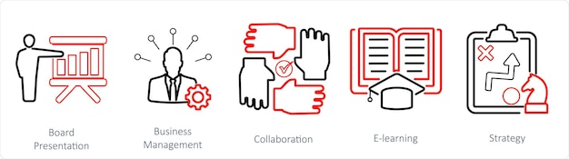 Un conjunto de 5 íconos de mezcla como presentación de la junta de colaboración de gestión de negocios