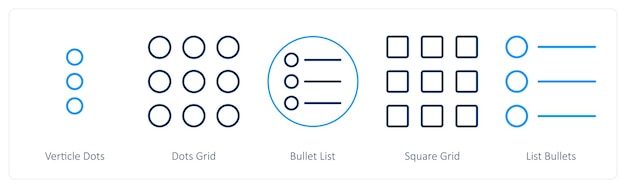 Un conjunto de 5 iconos de mezcla como puntos verticales listas de viñetas de cuadrícula de puntos