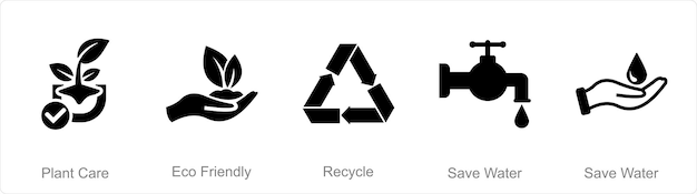 Un conjunto de 5 íconos de mezcla como reciclaje ecológico para el cuidado de las plantas