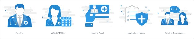 Un conjunto de 5 íconos de mezcla como tarjeta de salud de cita con el médico
