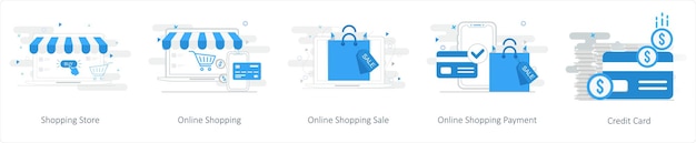 Un conjunto de 5 íconos de mezcla como tienda de compras en línea compras en línea ventas de compras