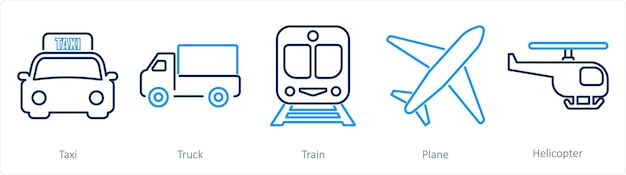 Un conjunto de 5 íconos de mezcla como tren de camiones de taxi