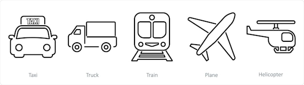 Un conjunto de 5 íconos de mezcla como tren de camiones de taxi