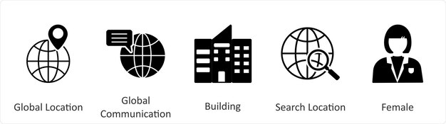 Un conjunto de 5 íconos de mezcla como ubicación global edificio de comunicación global
