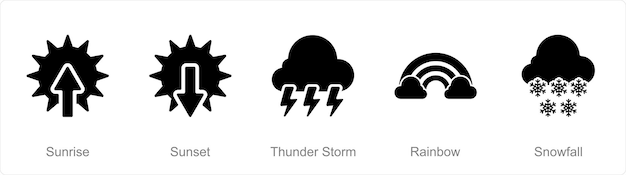 Vector un conjunto de 5 íconos mix como tormenta al amanecer y al atardecer