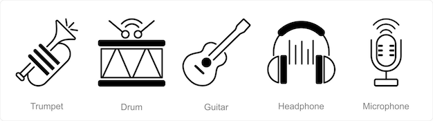 Un conjunto de 5 íconos de la música como la guitarra de tambor de trompeta
