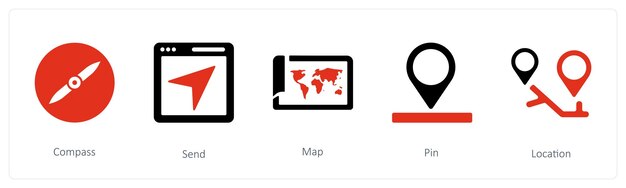 Un conjunto de 5 iconos de navegación como la brújula enviar mapa