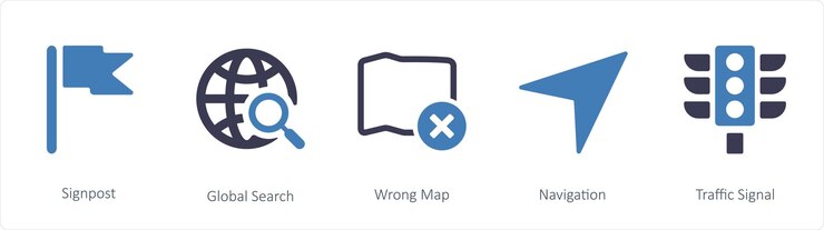 Vector un conjunto de 5 iconos de navegación como el mapa de ubicación de la brújula